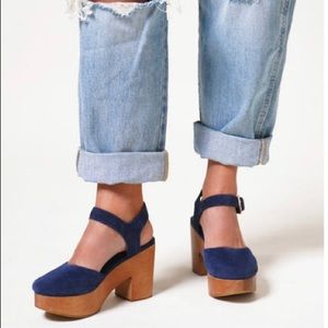 Charlotte Stone the Sal Wooden Platform Clog Sandals Navy Blue Suede